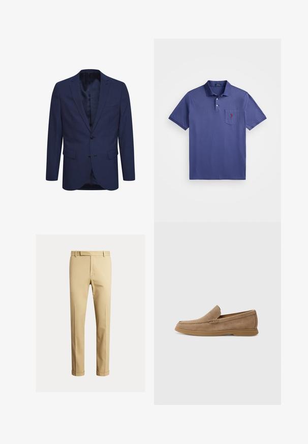 Mornarići plavi sako napravljen od teksturirane tkanine, s dvostrukim kopčanjem, reverom u obliku slova notch i prednjim džepovima. Unutra se nalazi obloga s uzorkom.; Ljubičasta polo majica izrađena od pamuka, s trodijelnim gumbima, kratkim rukavima i džepom na prsima s crvenim logotipom vezom.; Kaki chinos izrađeni od glatkog pamučnog materijala, s prilagođenim dizajnom, prednjim nabranama i manžetama na gležnjevima za sužen izgled.; Smešani smeđi mokasini od nubuka s glatkom teksturom i ušivenim detaljima; sadrže gumu na potplatu za bolju prionljivost.