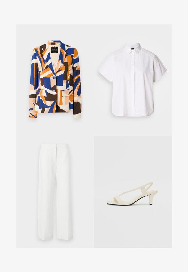 Blazer colorido con patrones abstractos en azul, naranja, marrón y crema. Presenta un cuello con muesca, dos bolsillos frontales y cierres con botones.; Camisa blanca de manga corta con botones, cuello con puntas y dobladillo curvado. Fabricada en algodón con una textura suave y sin patrones visibles.; Pantalones de pierna ancha blancos con una textura suave, que presentan un frente plano y pliegues marcados. Hechos de una tela ligera, sin patrones visibles.; Sandalias de tacón cuadrado en color beige con tiras delgadas y punta cuadrada. Material suave con un diseño minimalista, diseñado para facilitar su uso.