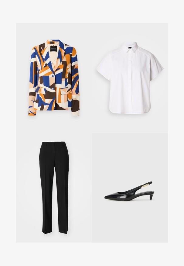 Blazer coloré avec des motifs abstraits bleus, oranges, bruns et crème. Comprend un col à revers, deux poches avant et des fermetures à bouton.; Chemise blanche à manches courtes, à boutons, avec un col pointu et un ourlet arrondi. Fabriquée en coton, elle possède une texture lisse et sans motifs visibles.; Pantalon noir ajusté avec une coupe droite, présentant une texture lisse et des plis nets sur le devant. Aucune quincaillerie visible.; Talons hauts en cuir noir avec un bout pointu, dotés d'un talon fin et d'un accent en ton or sur la lanière réglable. Texture lisse.