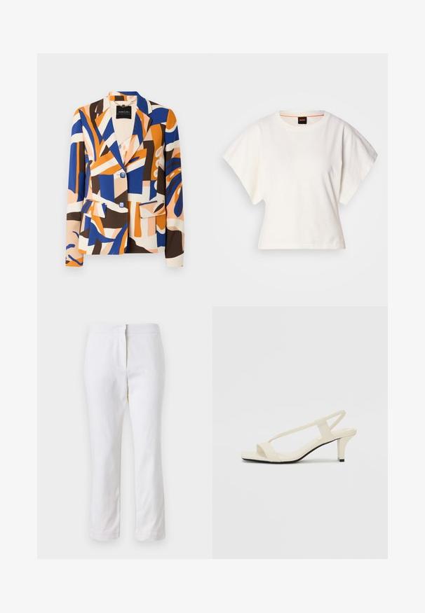 Blazer colorato con motivi astratti in blu, arancione, marrone e crema. Presenta un colletto a risvolto, due tasche frontali e chiusure a bottoni.; T-shirt bianca cropped, maniche corte e larghe, tessuto di cotone morbido, scollatura rotonda con bordino arancione sottile, design minimale, senza motivi o grafiche.; Pantaloni bianchi in cotone con design a gamba dritta, caratterizzati da una vita a media altezza e senza hardware o motivi visibili. Tessuto liscio su tutta la superficie.; Sandali con tacco a blocco beige, con sottili cinturini e punta quadrata. Materiale liscio con dettagli minimi, progettati per un facile utilizzo.