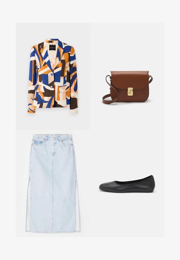 Blazer colorato con motivi astratti in blu, arancione, marrone e crema. Presenta un colletto a risvolto, due tasche frontali e chiusure a bottoni.; T-shirt bianca a maniche corte realizzata in tessuto a costine. Collo rotondo, vestibilità regolare e dettagli di cucitura sottili. Senza motivi o grafiche.; Gonna maxi in denim azzurro chiaro con taglio dritto, dotata di spacchi laterali e design a cinque tasche. Cuciture in evidenza e chiusura con bottone in metallo.; Pantofole da balletto nere in pelle con punta arrotondata, texture liscia, dettagli di cucitura minimi e design con suola flessibile.; Borsa a tracolla in pelle marrone con chiusura a pattina, hardware color oro, tracolla e una finitura liscia. Forma rettangolare compatta.