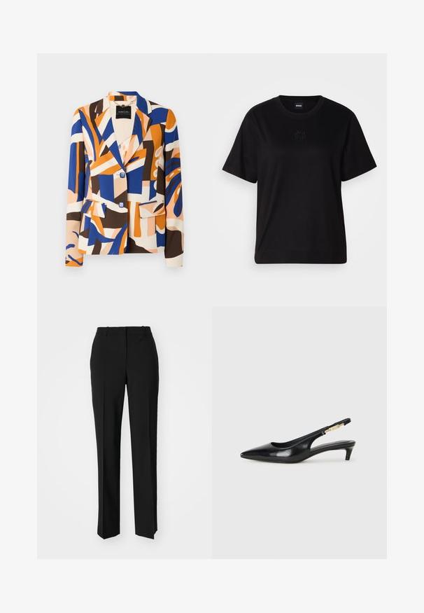 Kolorowy żakiet w abstrakcyjne wzory w odcieniach niebieskiego, pomarańczowego, brązowego i kremowego. Posiada klapki, dwie przednie kieszenie i zapięcie na guziki.; Czarny bawełniany t-shirt z okrągłym dekoltem, krótkimi rękawami i haftowanym logo na piersi. Prosty, luźny krój bez wzorów.; Czarne spodnie o dopasowanym kroju z prostymi nogawkami, o gładkiej fakturze i wyraźnych zagięciach z przodu. Bez widocznych elementów metalowych.; Czarne skórzane szpilki typu slingback z ostrym noskiem, posiadające smukły obcas i złoty akcent na regulowanym pasku. Gładka tekstura.