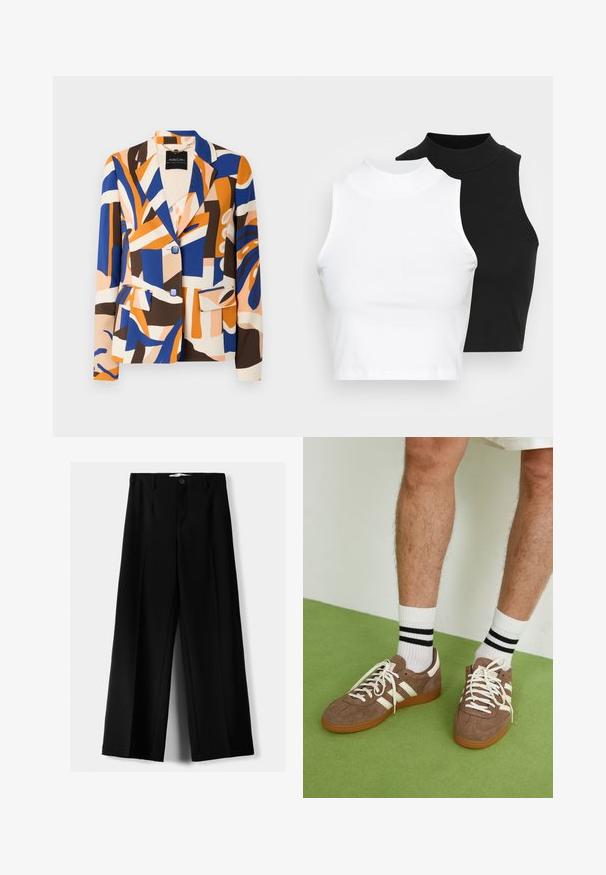 Barevný blazer v abstraktních vzorech modré, oranžové, hnědé a krémové. Má výstřih s klopami, dvě přední kapsy a uzavírání na knoflíky.; Dvě bezrukávové halenky s ribovým stojáčkem v černé a bílé barvě, které mají přiléhavý střih a hladkou texturu, s krácenou délkou.; Černé široké kalhoty z lehkého materiálu s předním zapínáním na knoflík a hladkým předním dílem, s pečlivě přišitými lemy.; Hnědé semišové tenisky s bílými akcenty a tkaničkami. Gumová podrážka. Nošeny s bílými ponožkami s černými pruhy. Zelená strukturovaná podlaha.