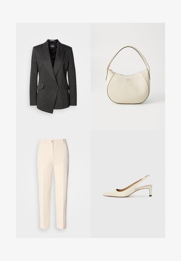 Tumši pelēks žakets ar teksturētu audumu, ar asiem uzgaļiem un vienkrūšu dizainu. Iespējotas divas priekšējās kabatas un slāņots priekšpuse.; Balts īsais T-krekls, plašas īsas piedurknes, mīksts kokvilnas materiāls, apaļa kakla izgriezums ar delikātu oranžu apdari, minimāls dizains, bez rakstiem vai grafikām.; Krēma krāsas augstākā jostas līmeņa bikses, izgatavotas no teksturēta auduma. Tām ir aizdare priekšā ar pogu un sašaurināti kājām.; Asimtais pirksta siksnas kurpes off-white ādas, ar zemu papēdi un izgrieztu dizainu, gluda tekstūra un minimāli akcenti.; Krēmkrāsas rokassoma ar teksturētu virsmu, izliekta forma, īss rokturis un zelta tonī logo detaļa. Vāciņš ar rāvējslēdzēju augšpusē.
