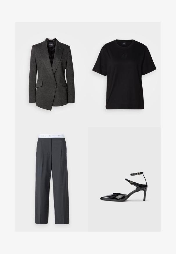 Sacou gri închis dintr-un material texturat, cu rever ascuțite și un design cu un singur buton. Are două buzunare frontale și un front stratificat.; T-shirt negru din bumbac, cu guler rotund, mâneci scurte și un logo brodat pe piept. Design simplu, cu o croială relaxată și fără modele.; Pantaloni evazați gri, dintr-un material neted, cu plii frontale și un brâu alb cu logo-ul Calvin Klein.; Cizme cu toc din piele lacuită neagră, cu vârf ascuțit, curele reglabile la gleznă și un toc subțire. Textură netedă cu un finisaj lucios.