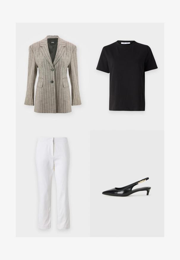 F blazer cu dungi în nuanță deschisă de maro, cu croi ajustat, două nasturi negri, rever tip notch și două buzunare frontale. Textură a țesăturii netedă.; Tricou negru cu manșon scurt, fabricat din bumbac moale, având un guler rotund, o croială lejeră și o textură netedă. Fără modele sau grafice vizibile.; Pantaloni din bumbac alb, cu un design drept, având talie medie și fără hardware sau modele vizibile. Textură uniformă pe întreaga suprafață.; Sandale slingback din piele neagră cu vârf ascuțit, având un toc subțire și un accent de culoare aurie pe curea ajustabilă. Textură netedă.