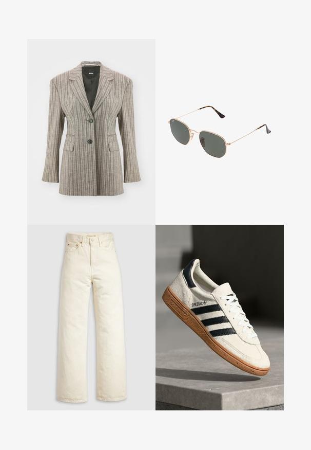 Gestreepte blazer in lichtbruin met een getailleerde pasvorm, twee zwarte knopen, notched revers en twee voorzakken. Gladde stofstructuur.; Witte lange mouwen top met een brede halslijn, zijsplitten en een gladde, lichtgewicht stof, met een eenvoudig, minimalistisch ontwerp.; Wijde jeans van off-white denim, met een hoge taille, koperen klinknagels en een klassiek ontwerp met vijf zakken. Gestructureerde stof met nette zomen.; Witte suède sneakers met marineblauwe strepen, rubberen gumzool, gestructureerde bovenkant, ronde neus en veters; heeft branding aan de zijkant en op de tong.; Gouden metalen zonnebril met donkergroene lenzen, aviator-stijl, met slanke scharnieren en schildpad-accenten op de uiteinden.; COACH TABBY SHOULDER BAG 26 - Handtas - dark stone