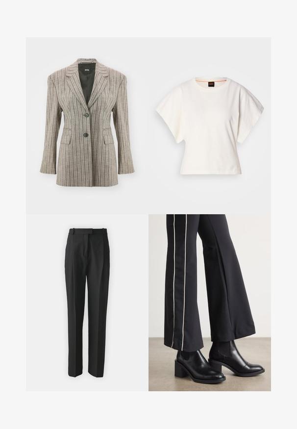 Blazer riscado em castanho claro com um corte ajustado, dois botões pretos, lapelas em bico e dois bolsos frontais. Textura de tecido suave.; T-shirt branco cropped, mangas curtas e largas, material de algodão suave, decote redondo com um discreto acabamento laranja, design minimalista, sem padrões ou gráficos.; Calças pretas de corte ajustado, feitas de um tecido leve, com corte reto, frente lisa e passantes para cinto. Textura suave sem padrões visíveis.; Botas de tornozelo em couro preto com um salto bloco, apresentando painéis laterais elásticos. Combinadas com calças pretas que têm uma faixa lateral branca.
