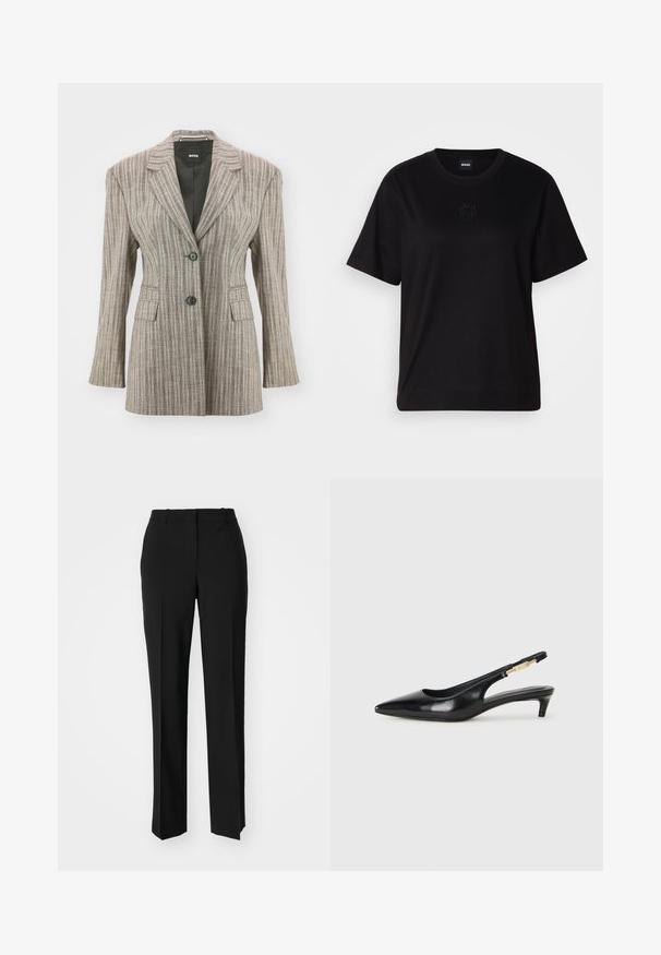 Csíkos világosbarna blézer, testhezálló fazonnal, két fekete gombbal, sarkos hajtókával és két elülső zsebből áll. Sima szövettextúra.; Fekete pamut póló kerek nyakkivágással, rövid ujjakkal és hímzett logóval a mellkasán. Egyszerű, laza szabás, minta nélkül.; Fekete, testhezálló nadrág egyenes szárú kivitelben, sima textúrával és éles redőkkel az elején. Nincs látható fémalkatrész.; Fekete bőr slingback magassarkúk, hegyes orral, vékony sarkakkal és arany színű részlettel a állítható pánton. Simа felület.