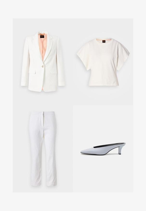 White blazer with a notch lapel, single button closure, and two front pockets. Lined in soft peach fabric. Smooth texture, tailored fit.; White cropped T-shirt, short wide sleeves, soft cotton material, round neckline with subtle orange trim, minimal design, no patterns or graphics.; White cotton pants with a straight leg design, featuring a mid-rise waist and no visible hardware or patterns. Smooth texture throughout.; Light blue patent leather mule with a pointed toe, low transparent heel, and a sleek design featuring a cut-out at the vamp.