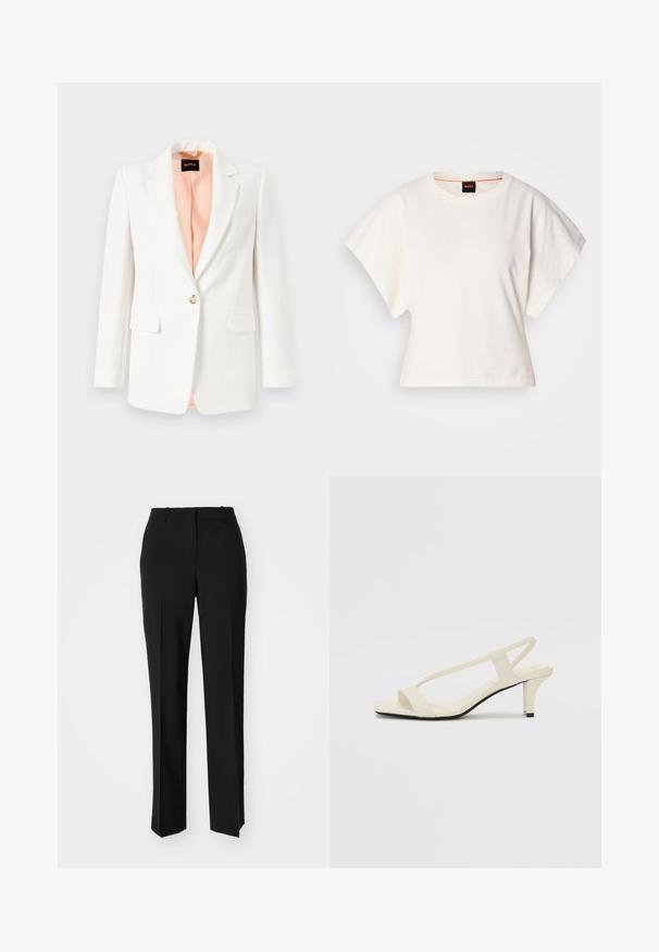 White blazer with a notch lapel, single button closure, and two front pockets. Lined in soft peach fabric. Smooth texture, tailored fit.; White cropped T-shirt, short wide sleeves, soft cotton material, round neckline with subtle orange trim, minimal design, no patterns or graphics.; Black tailored trousers with a straight-leg design, featuring a smooth texture and crisp creases along the front. No visible hardware.; Beige block-heeled sandals with thin straps and a square toe. Smooth material with minimal detailing, designed for easy wear.