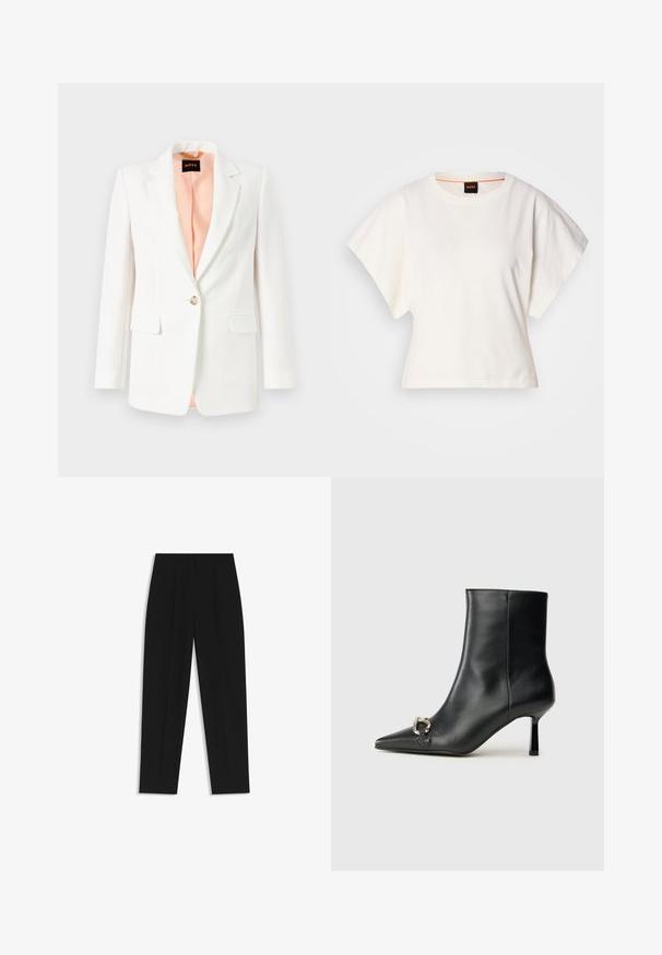 Witte blazer met een notch lapel, enkelvoudige knoopsluiting en twee voorzakken. Voering van zacht perzikachtig materiaal. Soepele textuur, getailleerde pasvorm.; Witte gecropte T-shirt, korte brede mouwen, zachte katoenmaterialen, ronde halslijn met subtiele oranje rand, minimalistisch ontwerp, geen patronen of graphics.; Zwarte broeken met een rechte pasvorm, voorzien van dubbele plooien, een zachte textuur en een klassiek taillebandontwerp. Geen zichtbare hardware of accenten.; Zwarte leren enkelboot met spitse neus, slanke middenhoge hak en zilveren gespdetail aan de zijkant op een effen achtergrond.