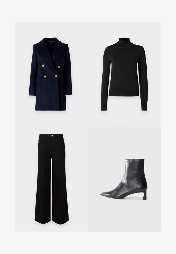 Navy double-breasted coat with a notched collar, gold buttons, and front pockets. Made of a textured wool blend.; Black long-sleeve turtleneck sweater with ribbed cuffs and hem, displayed on a plain white background.; Black wide-leg jeans made of sturdy fabric, featuring a high waist, front pockets, and a front button closure. Flat hem at the bottom.; Black leather ankle boot with a pointed toe and a sleek design. Features a low heel and a zipper closure at the back. Smooth texture.