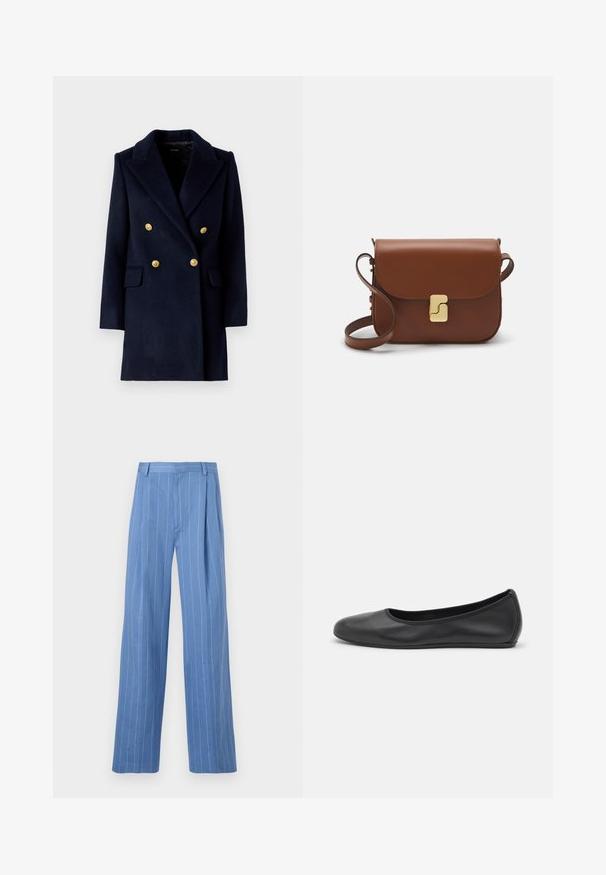 Navy double-breasted coat with a notched collar, gold buttons, and front pockets. Made of a textured wool blend.; White short-sleeve t-shirt made of ribbed fabric. Round neckline, regular fit, and subtle stitching details. No patterns or graphics.; Light blue wide-leg trousers with vertical white stripes. Made of smooth material, featuring a front pleat and a clean waistband design.; Black leather ballet flat with a rounded toe, smooth texture, minimal stitching detail, and a flexible sole design.; Brown leather handbag with a flap closure, gold-tone hardware, a shoulder strap, and a smooth texture. Compact rectangular shape.