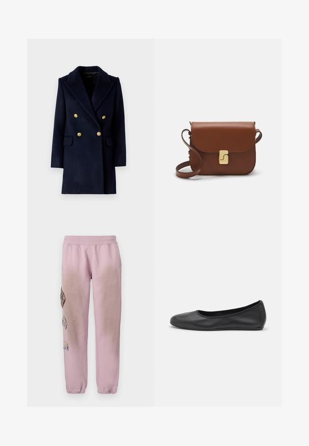 Tengerészkék, kétsoros kabát, kiemelt gallérral, arany gombokkal és elülső zsebekkel. Texturált gyapjú keverékből készült.; Fehér, rövid ujjú póló ribbed anyagból. Kerek nyakkivágás, normál szabás és diszkrét varrási részletek. Nincsenek minták vagy grafikák.; Rózsaszín melegítőnadrág elasztikus derékkal, bal oldalon gyémánt alakú dekoratív foltokkal és elasztikus szárakkal az bokákon.; Fekete bőr balettcipő lekerekített orral, sima tekstúrával, minimális varrással és rugalmas talp kialakítással.; Barna bőr kézitáska, hajtókás zárással, arany színű fém kiegészítőkkel, vállpánttal és sima felülettel. Kompakt téglalap alakú.