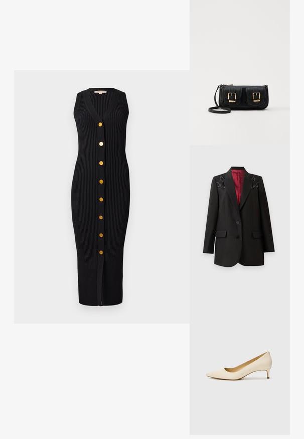 Crni sako s dubokim crvenim podstavljanjem, sa cvjetnim vezom na ramenima i dva prednja džepa s preklopom. Zatvaranje na dva dugmeta.; Crna rebrasta pletena haljina s V-izrezom, bez rukava i zlatnim gumbima spuštenim duž prednje strane, s prilagođenim siluetom.; Bež cipele s špicastim nosom izrađene od glatkog sintetičkog materijala, s niskom petom i dizajnom za lako obuvanje, s diskretnim detaljem na stražnjem dijelu.; Crna kožna torba preko ramena s dva prednja džepa, zlatnim kopčama, zatvaranjem na zip i uskim remenom. Teksturirana površina i kompaktan pravokutan oblik.
