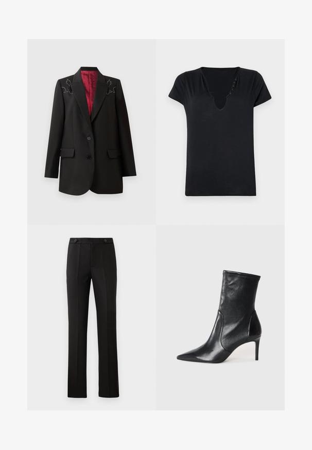 Must mustrik blazer sügava punase voodriga, lillelise tikandiga õlgadel ja kahe esipoolse klapikottiga. Kahe nööbiga sulgemine.; Must lähedane t-särk sügava V-kaelusega ja viie dekoratiivse nööbiga kaeluses. Sile kangas ja mugav istuvus.; Mustad kohandatud püksid sirge säärega, kahe esipocketiga, nup closure'iga ja volditud detailidega ees. Sile kangatekstuur.; Mustad mustajalatsid, mis on valmistatud siledast nahast, omavad teravat nina, kitsast varre ja peenikest kõrget kontsa. Minimalistlik disain, ilma nähtava riistvaraeta.