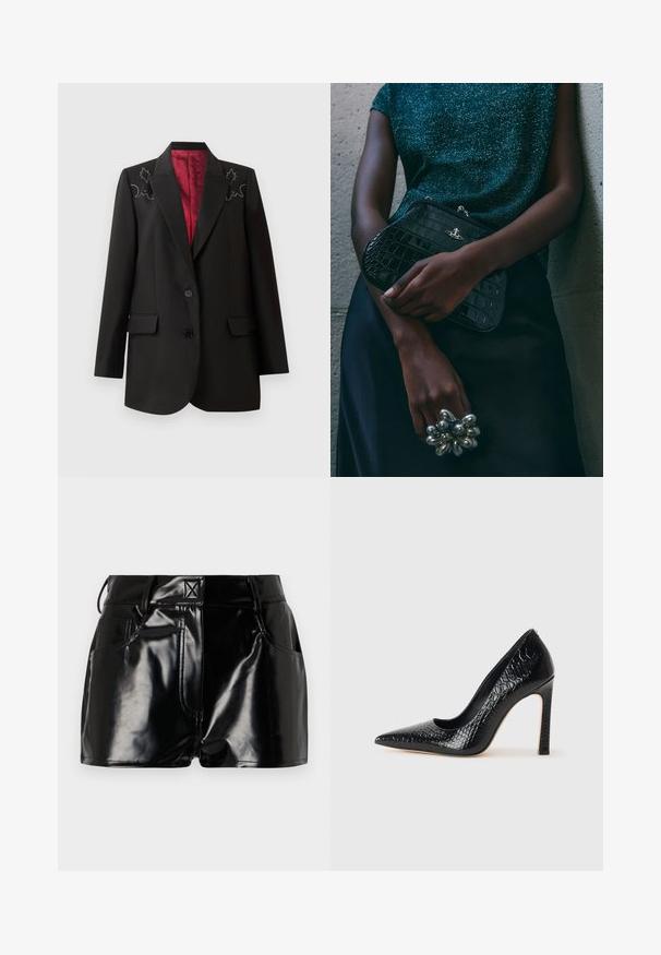 Musta räätälöity bleiseri, jossa on syvänpunainen vuori, ja olkapäillä kukkakirjontaa sekä kaksi etuflappitaskua. Kaksi nappia kiinnittäminen.; Harmaa ribbattu tankkitoppi, jossa on istuva muotoilu, leveät käsi aukot ja pyöreä kaula-aukko. Valmistettu pehmeästä puuvillakankaasta, jossa on sileä pinta.; Lyhyet mustat kiiltävät shortsit, jotka on valmistettu synteettisestä materiaalista. Niissä on hyvä istuvuus vyötäröllä, vyölenkit ja etutaskut, joissa on näkyvät ompeluyksityiskohdat.; Musta kapea nilkkakorkokenkä krokotiilin nahkakuviolla, joka on varustettu tyylikkäällä muotoilulla, korkealla stiletto-korkealla ja sileällä mustalla sisäosalla.; Musta krokotiilihäntäinen penaali, jossa on hopeiset yksityiskohdat, pidetään teksturoitua harmaata taustaa vasten. Pintamateriaali kiiltävä.