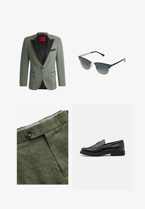 Groene blazer met een zwarte satijnen revers, sluiten met één knoop, twee zakken aan de voorkant, textuurstof en een binnenvoering met een rood label.; Lichtblauwe overhemd met lange mouwen, knoopsluiting en een klassieke kraag, met een rechte zoom en een subtiele textuur. Voorzien van een centrale knoopsluiting.; Olijf groene linnen broek met een voorplooi, voorzien van een knoopsluiting en een contrasterende geruite voering bij de tailleband.; Zwarte synthetische loafers met een opvallende gestikte voorkant, gevoerde binnenzool en platte rubberen buitenzool; slank ontwerp met minimale details.; Zwarte en zilveren zonnebril met een cat-eye vorm, gradient lenzen en metalen accenten op het montuur. Plastic armen met grijze punten.