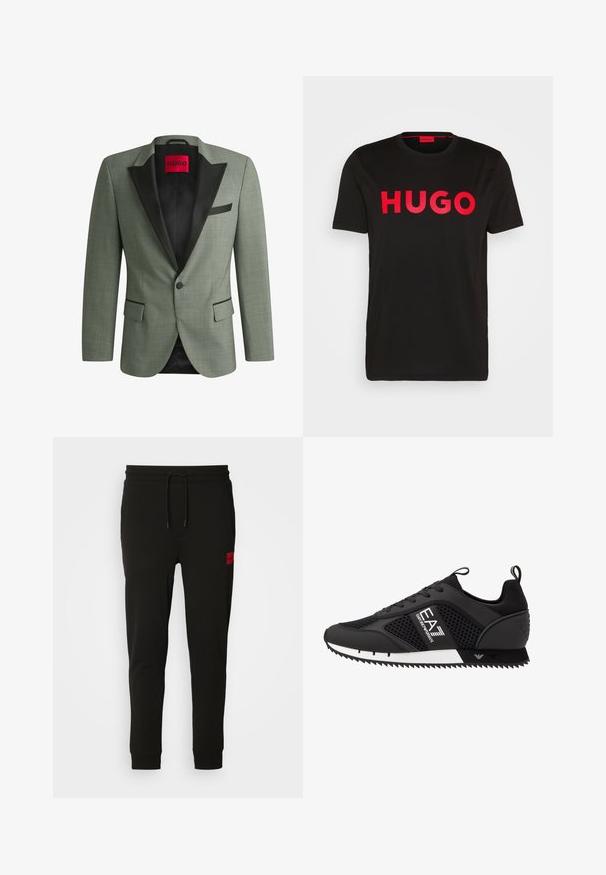 Grüner Blazer mit schwarzem Satinrevers, Ein-Knopf-Verschluss, zwei Fronttaschen, strukturiertem Stoff und Innenfutter mit rotem Etikett.; Schwarzes Baumwoll-T-Shirt mit fettem roten "HUGO"-Schriftzug auf der Vorderseite, kurzen Ärmeln, rundem Ausschnitt und lässiger Passform.; Schwarze Sweatpants aus weichem Stoff, mit einem Kordelzugbund, schmaler Passform und einem rotenLOGO-Patch am linken Oberschenkel.; EA7 Emporio Armani LACES UNISEX - Sneaker low - black/white