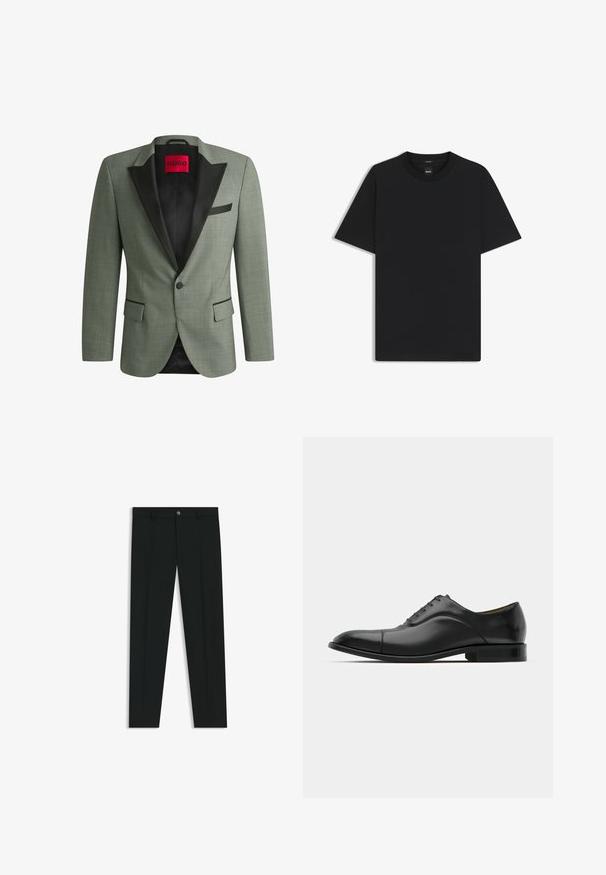 Green blazer with a black satin lapel, single button closure, two front pockets, textured fabric, and inner lining featuring a red label.; Black short-sleeve T-shirt made from a smooth cotton blend, featuring a crew neckline and a minimalistic design with no patterns or accents.; Black dress pants with a straight-leg design, made of smooth fabric. Features a front button closure and belt loops. Plain without patterns.; Black leather dress shoe with smooth texture, rounded toe, and five eyelets. Features a low stacked heel and subtle seam detailing.