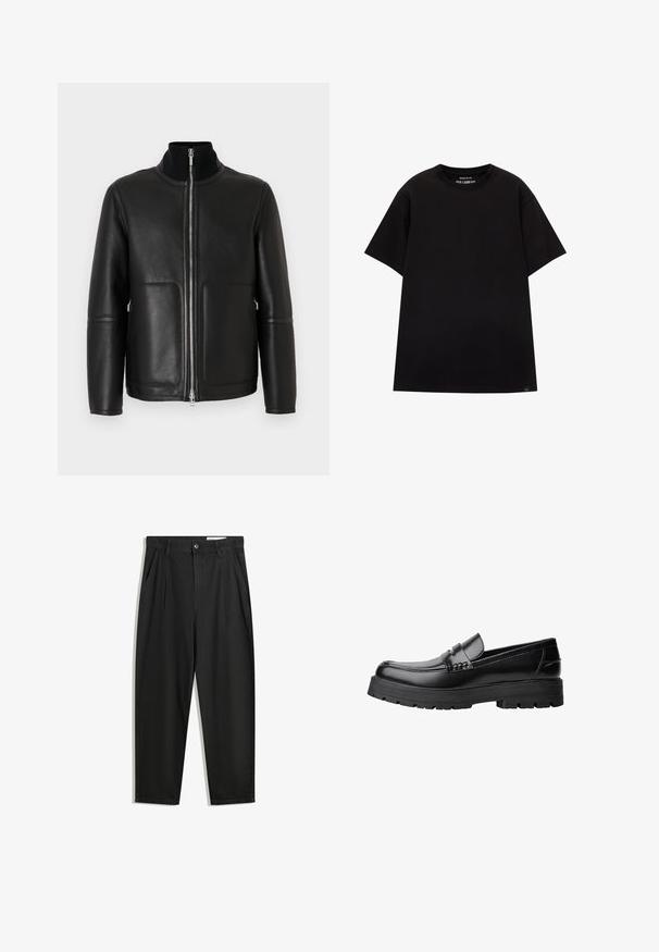 Černá kožená bunda s vysokým límcem, zapínáním na zip vpředu, dvěma předními kapsami a minimálními švovými detaily. Hladká textura a strukturovaný tvar.; PULL&BEAR JOIN LIFE - Jednoduché tričko - black; Černé bavlněné kalhoty s uvolněným střihem, klasickým pasem, předními záhyby a bočními kapsami. Hladká textura bez vzorů.; Černé kožené mokasíny s masivní podrážkou a dekoračním páskem přes horní část, zobrazené v levém bočním profilu na bílém pozadí.