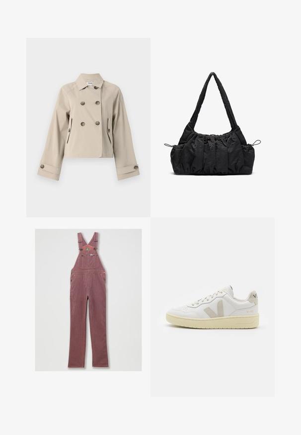 Beżowa krótka kurtka o podwójnie zapiętym designie, z dużymi guzikami, dwiema kieszeniami z przodu i wyraźnym kołnierzem. Gładki materiał o matowym wykończeniu.; Top typu crop w off-white dzianinie. Długie rękawy o prążkowanej teksturze oraz małe wycięcia wokół dekoltu.; Jasnoniebieski ogrodnik w czerwone paski z regulowanymi ramiączkami, dużą przednią kieszenią i bocznymi kieszeniami. Posiada metalowe akcesoria i zszyty brzeg.; Białe skórzane trampki z beżowymi zamszowymi akcentami, perforowanym noskiem, płaskimi sznurowadłami i teksturowaną kremową podeszwą. Posiadają subtelne logo na pięcie.; Czarna torebka z tkaniny z marszczoną fakturą, z dwoma ramiączkami i sznurkiem do ściągania po bokach. Gładki, lekki materiał.