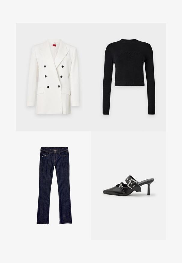Weißes zweireihiges Blazer mit schwarzen Knöpfen, Reverskragen, zwei Fronttaschen und einer strukturierten Stoffoberfläche. Rotes Markenlabel innen.; Schwarzer, langärmeliger, cropped Pullover mit gerippten Bündchen und Saum, der ein dezentes, erhabenes Logo auf der Brust zeigt.; Dunkelblaue Denim-Jeans mit geradem Bein, ausgestattet mit einer vorderen Knopfverschluss, fünf Taschen und sichtbaren Nähten entlang der Nähte.; Schwarze High-Heel-Mules mit spitzem Zeh aus glattem Leder. Mit einem breiten Knöchelriemen, der eine quadratische silberne Schnalle und Nieten aufweist.