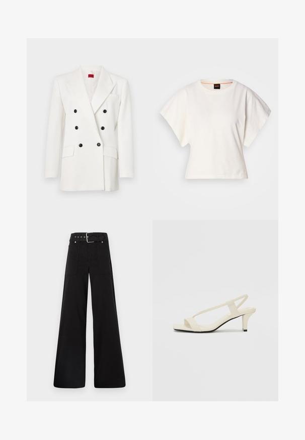 Blazer blanc à double boutonnage avec des boutons noirs, revers à cran, deux poches avant et une finition en tissu texturé. Étiquette de marque rouge à l'intérieur.; T-shirt blanc cintré, manches courtes et larges, en coton doux, décolleté rond avec une discrète bordure orange, design minimaliste, sans motifs ni graphiques.; Pantalons larges noirs en coton, avec une taille haute, de grandes poches latérales et une taille ceinturée avec des accents en métal argenté.; Sandales beiges à talons carrés avec des fines brides et un bout carré. Matière lisse avec des détails minimaux, conçues pour un port facile.