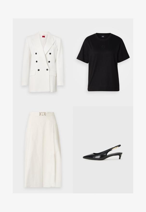 Blazer blanco de doble botonadura con botones negros, solapas de muesca, dos bolsillos frontales y un acabado de tela texturizada. Etiqueta de marca roja en el interior.; Camiseta de algodón negra con cuello redondo, mangas cortas y un logo bordado en el pecho. Ajuste simple y relajado sin patrones.; Pantalones de pierna ancha en tejido de algodón blanco. Presentan una cintura alta con un pleat frontal y un detalle de hebilla metálica. Textura suave.; Tacones negros de piel sintética tipo slingback con punta afilada, que cuentan con un tacón delgado y un detalle en tono dorado en la correa ajustable. Textura suave.