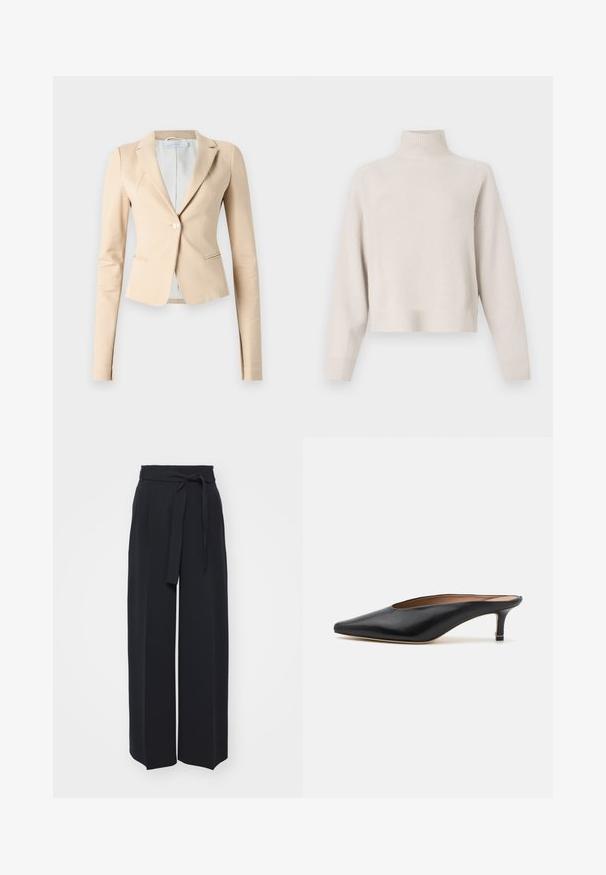 Beige strak jasje met een enkele knoop, opstaande revers en lange mouwen. Glad materiaal met minimale stikseldetails en twee voorzakken.; Lichtbeige coltrui gemaakt van zachte stof. Kenmerkt zich door een relaxte pasvorm, ribbelboorden en lange mouwen. Minimalistisch ontwerp.; Zwarte wijde broek van zachte stof. Voorzien van een ceintuur en plooien aan de voorkant. Glad textuur met een strakke, hedendaagse stijl.; Zwarte leren muiltjes met een puntige neus en een lage, blokhak. Glad oppervlak met een gestroomlijnd ontwerp. Open achterkant met minimale details.