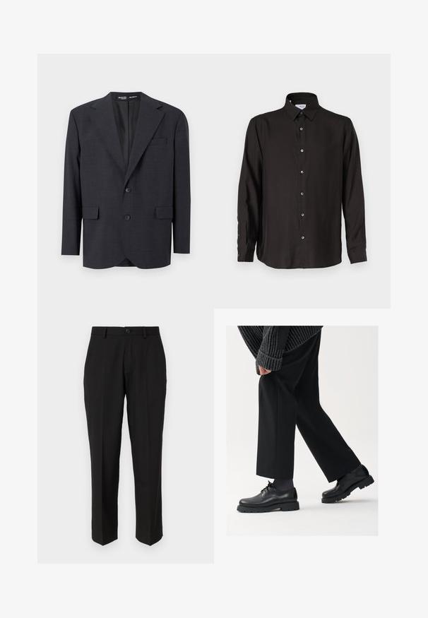 Temno sivi blejzer iz teksturirane tkanine, z ohlapnim krojem, reverjem, dvema sprednjima žepoma in zapiranjem na dva gumba.; Črna dolga majica z dolgimi rokavi, izdelana iz gladkega materiala, z zapenjanjem na gumb, koničastim ovratnikom in zaobljenim robom z kontrastnimi gumbi.; Črne hlače iz gladkega blaga, s straight leg krojem, sprednjimi žepi, enojnim gumbom za zapiranje in brez vidnih vzorcev.; Črne usnjene čEvlje s zaobljenim nosom, zavezovanjem in debelim, teksturiranim podplatom. Obute z urejenimi črnimi hlačami in rebrastim puloverjem.