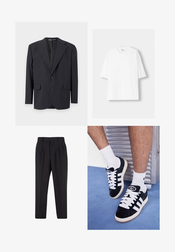 Temno sivi blejzer iz teksturirane tkanine, z ohlapnim krojem, reverjem, dvema sprednjima žepoma in zapiranjem na dva gumba.; Bela kratka majica s kratkimi rokavi iz bombaža, s krožnim izrezom in sproščenim krojem. Gladka tekstura, brez vidnih vzorcev ali poudarkov.; Črne hlače z nabranim sprednjim delom, narejene iz gladkega materiala. Imajo gumbasto zapiranje in zanke za pas; ravne hlačnice.; Črne semiš teniske z belimi vezalkami in tremi belimi črtami. Imajo okroglo črno oznako na jezičku in gumijast podplat.