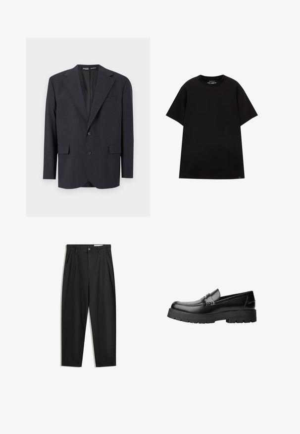 Tamnosivi sako od teksturiranog materijala, sa opuštenim krojem, rever kragnom, dva prednja džepa i zatvaranjem na dva dugmeta.; PULL&BEAR JOIN LIFE - Osnovna majica kratkih rukava - black; Crne pamučne hlače s opuštenim krojem, s klasičnim pojasom, prednjim nabranjima i bočnim džepovima. Glatka tekstura bez uzoraka.; Crna kožna mokasina s debelim potplatima i dekorativnom trakom preko gornjeg dijela, prikazana u lijevom bočnom profilu na bijeloj pozadini.