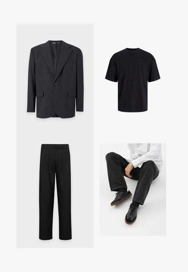 Tumedast hallist tekstuuriga kangast bleiser, millel on mugav lõige, krae, kaks esistaskut ja kaheastmeline lukustus.; Must must on mustre, lühikeste varrukatega ja vabalt langev. Sile tekstuur ja ilma nähtavate mustrite või aktsentideta.; Mustad mustadest riietest, millel on sirge jalgade disain, kaks eesmist voltimist ja tavaline vöökoht, millel on vöökohad.; Mustad spordijalatsid siledast ja tekstuurilisest ülemisest osast, millel on kummist tald ja tumedad nöörid. Kombineeritud mustade teksade ja valge triibulise särgiga.