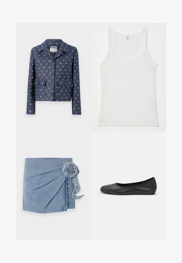 Granatowa kurtka w kwiatowy wzór, z dwoma kieszeniami na piersi i kołnierzem z wycięciem. Wykonana z fakturowanej tkaniny z zapięciem na guziki.; Biała bezrękawnikowa bluzka wykonana z miękkiego, żebrowanego materiału; posiada cienkie ramiączka oraz okrągły dekolt, metka głosi "FRAME".; Denimowy rap z jasnoniebieskim odcieniem, skomplikowanym marszczeniem i dekoracyjnym akcentem w postaci kwiatka z wiszącą wstążką. Miękka tekstura i swobodny fason.; Czarne skórzane baletki z zaokrąglonym noskiem, gładką fakturą, minimalnymi przeszyciami i elastycznym designem podeszwy.