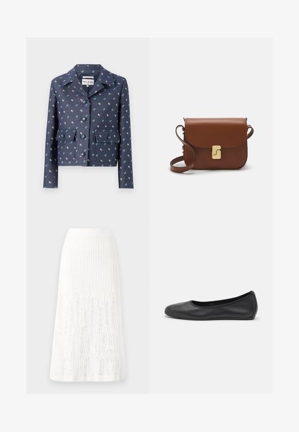 Laivansinis takki kukkakuviolla, jossa on kaksi rintataskua ja lovettu kaulus. Valmistettu teksturoidusta kankaasta, jossa on nappikiinnitys.; Pitkähihainen valkoinen T-paita, joka on valmistettu ribbitetystä puuvillasta, ja siinä on pyöreä kaula-aukko sekä suora helma. Yksinkertainen muotoilu ilman kuvioita tai yksityiskohtia.; Neule valkoinen midimittainen hame, jossa on teksturoitu kuvio, jossa on pystysuoria viivoja ja aukkoja helmassa. Joustava vyötärö. Pehmeä materiaali.; Musta nahkainen ballerina, jossa on pyöristetty kärki, sileä pinta, minimaalinen ommelkoristelu ja joustava pohjamuotoilu.; Ruskea nahkainen käsilaukku, jossa on läppäkiinnitys, kultasävyiset yksityiskohdat, olkahihna ja sileä pinta. Kompaktin suorakaiteen muotoinen.