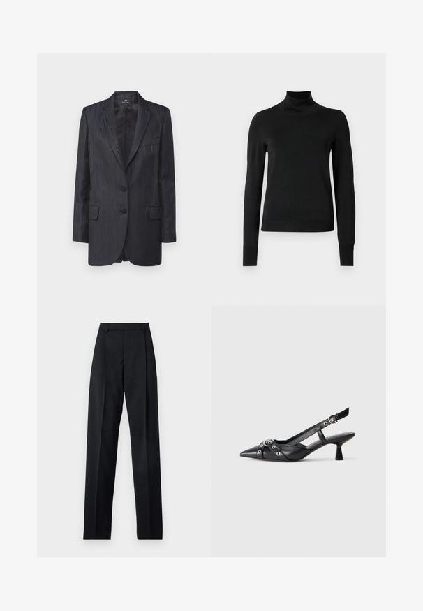 Donkerblauwe blazer met een gestructureerd houtnerfpatroon, twee knopen, notch revers en voorzakken; getailleerde pasvorm en soepele voering.; Zwarte trui met lange mouwen en col, voorzien van geribde manchetten en zoom, weergegeven op een effen witte achtergrond.; Zwarte broek gemaakt van gladde stof met een hoge taille, wijde benen, voorplooien en klassieke ceintuurlussen. Geen zijzakken zichtbaar.; Zwarte leren slingback schoen met een puntige neus, decoratieve banden met metalen oogjes en een lage blokhak. Textuur oppervlak.