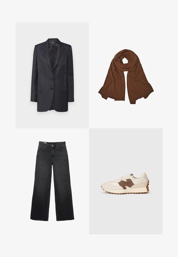 Donkerblauwe blazer met een gestructureerd houtnerfpatroon, twee knopen, notch revers en voorzakken; getailleerde pasvorm en soepele voering.; Zachtcrèmekleurige trui van zachte stof, met een ronde hals, lange mouwen en een cropped zoom. Eenvoudig en minimalistisch ontwerp.; Zwarte wijde spijkerbroeken van denim. Heeft een klassiek vijf-pocketontwerp, een rechte silhouet en een knoopsluiting aan de voorkant.; Beige sportieve schoen met een bruine suède accent, met een gestructureerde bovenkant, veters en een rubberen zool met grippatronen.; Bruine gebreide sjaal met een zachte textuur, met een verlengd, gedrapeerd ontwerp. De randen zijn afgewerkt met een geribbelde rand.; Geweven olijfgroene handtas met een ronde vorm en een gedraaide handgreep. De textuur heeft een diagonaal patroon. Ritssluiting.