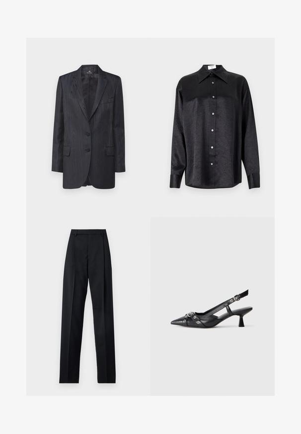 Mørkeblå blazer med et struktureret træmaske mønster, to knapper, notch lapeller og for- lommer; skræddersyet pasform og glat foer.; Sort langærmet skjorte med krave, der har en krøllet tekstur, fuld knaplukning foran og manchetter. Lavet af et glat stof.; Sorte bukser lavet af glat stof, der har høj talje, brede ben, frontfolder og klassiske bælteløkker. Ingen synlige sidelommer.; Sort lædersandal med spids tå, dekorative stropper med metaløjer og en lav blokhæl. Struktureret overflade.