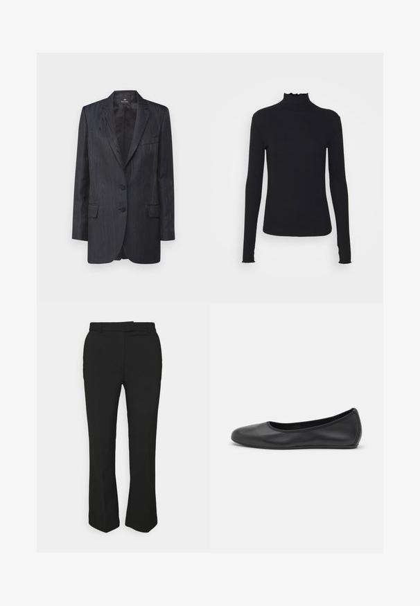 Blazer bleu foncé avec un motif en grain de bois texturé, deux boutons, revers crantés et poches avant ; coupe ajustée et doublure lisse.; Haut à manches longues noir en col roulé, fabriqué en tissu lisse, présentant un col volanté et une silhouette ajustée avec des bords simples.; Pantalons noirs ajustés avec une coupe droite, dotés de passants de ceinture et de poches latérales. Fabriqués en tissu lisse avec une finition soignée.; Ballerines en cuir noir avec un bout rond, texture lisse, détails de couture minimalistes et design de semelle flexible.