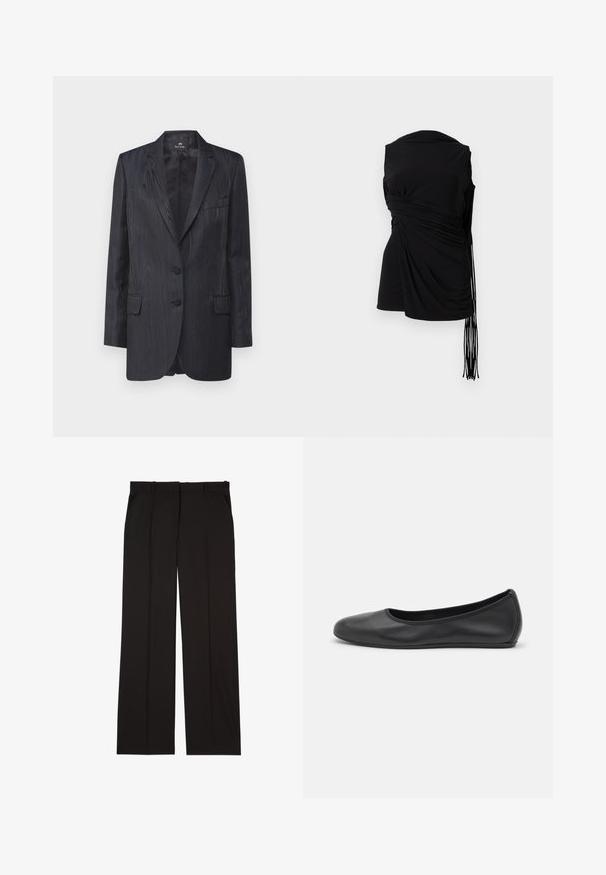 Dark blue blazer with a textured wood grain pattern, two buttons, notch lapels, and front pockets; tailored fit and smooth lining.; Black sleeveless top with draped fabric, side gathering, and elongated fringe detail, featuring a smooth texture and a fitted silhouette.; Black tailored trousers made of a smooth fabric, featuring a straight-leg design, and two side pockets. Elegant and minimalistic construction.; Black leather ballet flat with a rounded toe, smooth texture, minimal stitching detail, and a flexible sole design.
