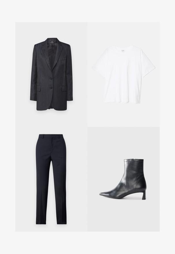 Tumedat sinised bleiser, millel on tekstuuriga puidu muster, kaks nööpi, lõikega lapelid ja esikotid; silmapaistev sobivus ja sile vooder.; Valge puuvillane T-särk lühikeste varrukatega, ümmargune kaelus, mugav lõige ja õmmeldud serv. Silt nähtav kaela seest.; Tumed kohandatud püksid sirge lõikega, millel on sile tekstuur, kaks esist taskut ja puhas vöökoht.; Mustad mustall nahkasaabas terava nina ja stiilse disainiga. Omab madalat konts ja luku sulgemist taga. Sile tekstuur.