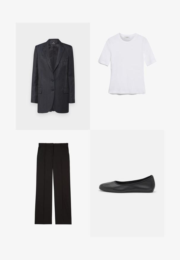 Temno modra blejzerica z strukturiranim vzorcem lesa, z dvema gumboma, s hitromi reverji in sprednjimi žepe; krojena prileganje in gladka podloga.; Bela kratka majica s kratkimi rokavi iz rebrastega materiala. Okrogla ovratnica, običajen kroj in subtilni šivi. Brez vzorcev ali grafik.; Črne krojene hlače iz gladkega materiala, s straight-leg obliko in dvema stranskima žepoma. Elegantna in minimalistična zasnova.; Črne usnjene balerinke z zaobljenim nosom, gladko teksturo, minimalnimi šivi in fleksibilno zasnovo podplata.