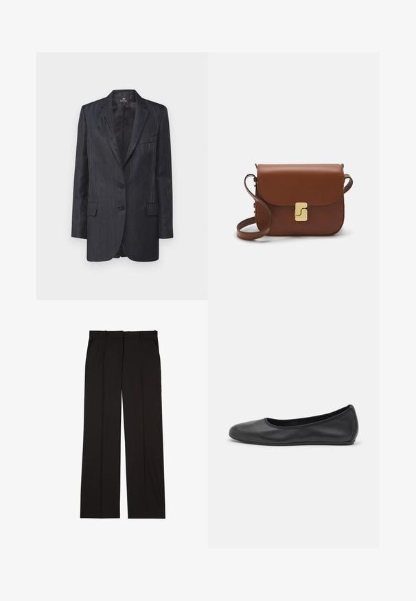 Tmavomodrá sako s textúrovaným dreveným vzorom, dva gombíky, klopy s výrezom a predné vrecká; strih prispôsobený postave a hladká podšívka.; Biela krátka tričko s krátkymi rukávmi vyrobené z rebrovanej látky. Klasický okrúhly výstrih, bežný strih a jemné švy. Bez vzorov alebo grafiky.; Čierne oblekové nohavice z hladkej látky, s rovnými nohavicami a dvoma bočnými vreckami. Elegantná a minimalisticá konštrukcia.; Čierne kožené baleríny s okrúhlou špičkou, hladkým povrchom, minimálnym prešívaním a flexibilným dizajnom podrážky.; Hnedá kožená kabelka s klopou, zlatými kovovými prvkami, ramenným popruhom a hladkým povrchom. Kompaktný obdĺžnikový tvar.