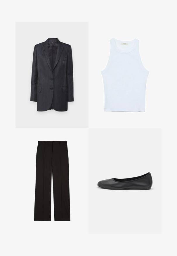 Granatowa marynarka o fakturze przypominającej drewno, z dwoma guzikami, klapami w kształcie litery "notch" oraz przednimi kieszeniami; dopasowany krój i gładka podszewka.; Biały top bez rękawów, prążkowana tekstura, okrągły dekolt, dopasowany krój, subtelne logo na metce wewnątrz obszaru kołnierza.; Czarne dopasowane spodnie wykonane z gładkiej tkaniny, charakteryzujące się prostymi nogawkami i dwoma bocznymi kieszeniami. Elegancka i minimalistyczna konstrukcja.; Czarne skórzane baletki z zaokrąglonym noskiem, gładką fakturą, minimalnymi przeszyciami i elastycznym designem podeszwy.