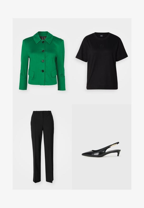 Grüne Jacke aus glattem Stoff, mit spitzem Kragen, schwarzen Knöpfen und zwei aufgesetzten Taschen. Taillierte Passform mit Dreiviertelärmeln.; Schwarzes Baumwoll-T-Shirt mit Rundhalsausschnitt, kurzen Ärmeln und aufgesticktem Logo auf der Brust. Einfacher, lässiger Schnitt ohne Muster.; Schwarze, taillierte Hose mit geradem Bein, aus einem glatten Stoff und mit klaren Falten an der Vorderseite. Keine sichtbare Hardware.; Schwarze Leder-Slingback-Pumps mit spitzem Schuhblatt, ausgestattet mit einem schlanken Absatz und einem goldfarbigen Akzent am verstellbaren Riemen. Glatte Textur.