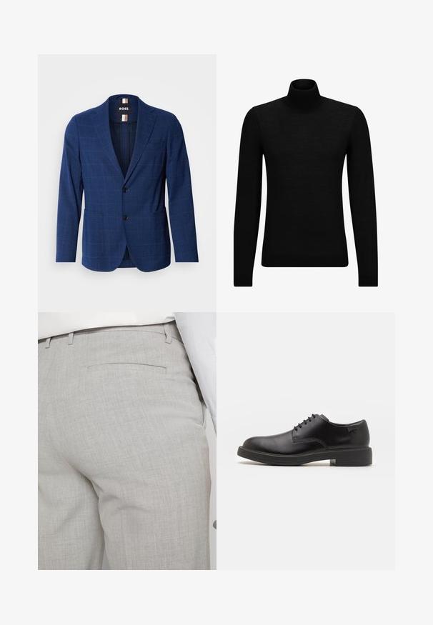 Tumši zila žakete ar pārbaudītu rakstu, izgatavota no teksturēta auduma, ar diviem pogu slēdzeniem priekšā, ielocītām atlokām un divām sānu kabatām.; Melnā augstā kakla džemperis, kas izgatavots no mīksta materiāla, ar garām piedurknēm un pieguļušu piegriezumu. Ribota apdare ap apakšu un piedurknēm. Vienkāršs dizains.; Gaiši pelēkas pielāgotas bikses no teksturēta auduma, ar vienu aizmugurējo kabatu un tīru šuvju apdari.; Melna āda sašūta kurpe ar noapaļotu purngalu, gludu tekstūru, minimālu šuvju skaitu un zemu gumijas papēdi. Logo uz papēža.