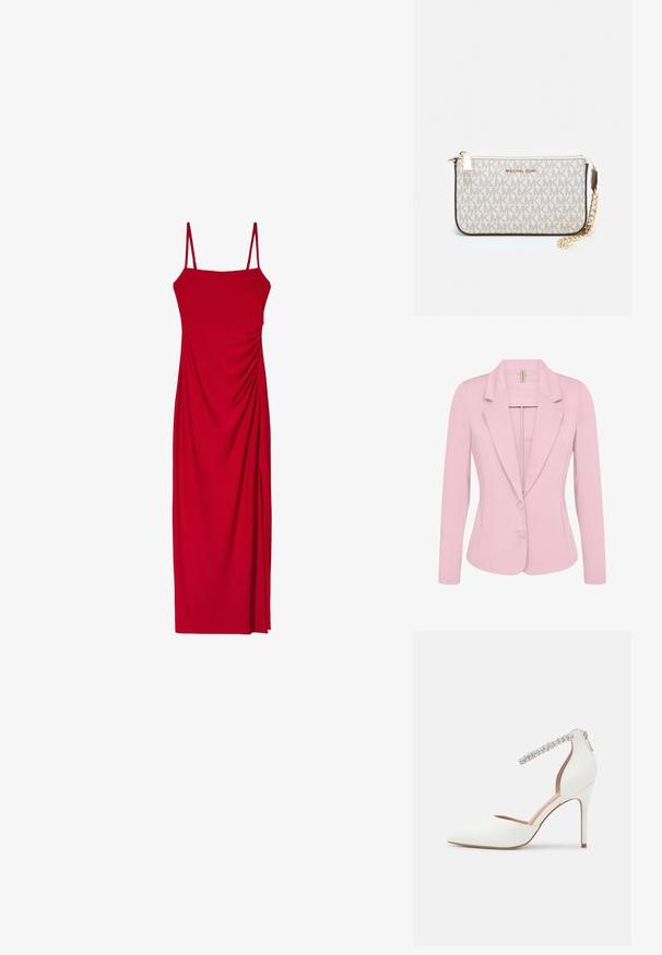 Soyaconcept SC-DANIELA 1 - Blazer - pink; Red sleeveless dress with spaghetti straps, featuring a fitted silhouette and draped detailing on the side for texture and visual interest.; White high-heeled shoe with a pointed toe design, leather material, adjustable ankle strap adorned with rhinestones, and a slim stiletto heel.; Michael Kors wristlet in beige coated canvas featuring a repeating MK logo pattern, gold hardware, and a detachable chain strap.