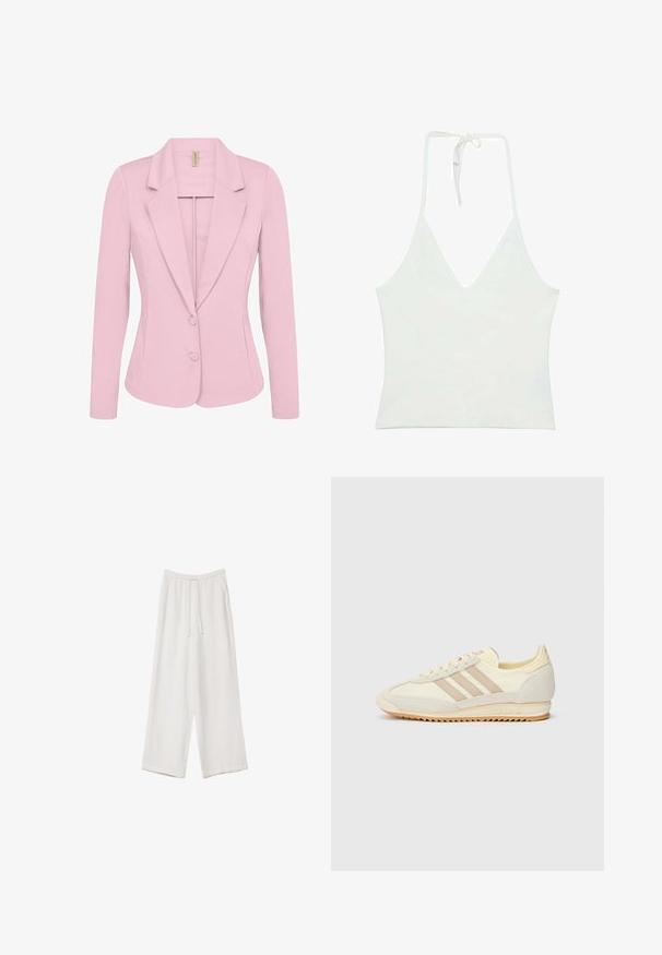 Soyaconcept SC-DANIELA 1 różowy; Biały top na halter z głębokim dekoltem w kształcie litery V. Wykonany z gładkiego, lekkiego materiału. Posiada regulowane wiązanie z tyłu.; Białe spodnie o szerokich nogawkach wykonane z lekkiego materiału. Posiadają elastyczny pas z sznurkiem i boczne kieszenie. Gładka tekstura.; Kremowe sportowe sneakersy z trzema beżowymi paskami, wykonane z zamszu i materiałów tekstylnych, z teksturowaną podeszwą oraz wytłoczonym logo na pięcie.